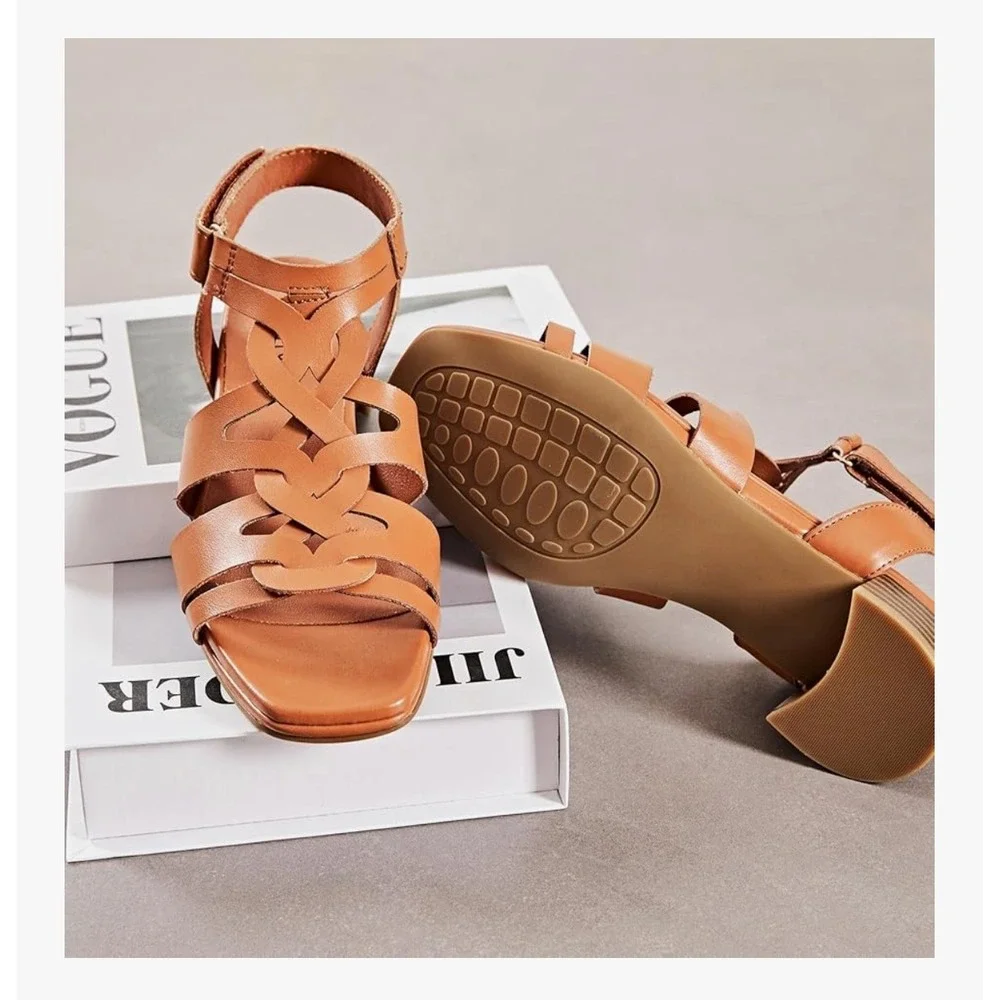 Ruiee Womens Tan Faux Leather Strappy Gladiator Sandals Square Toe‎ Heel Size 11